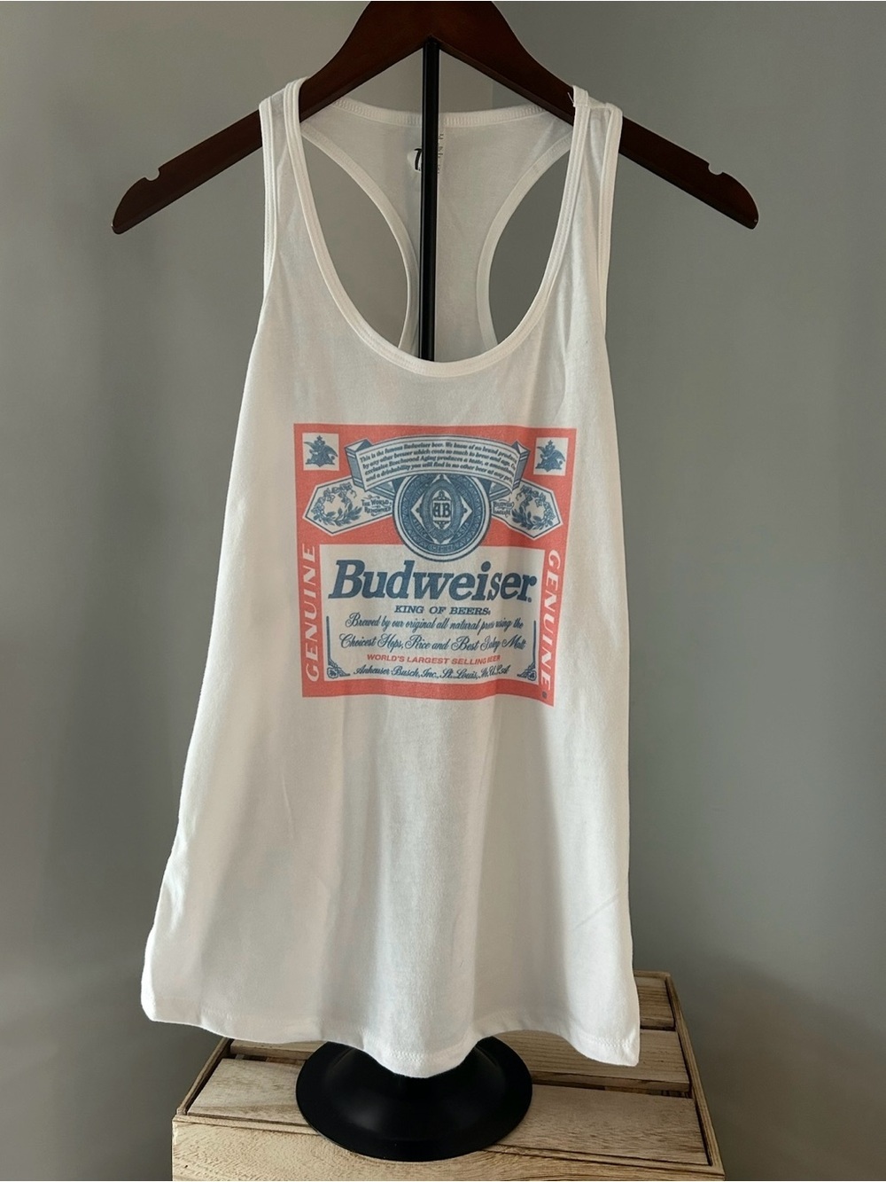 NEW Budweiser White Tank with Red and Blue Label Graphic